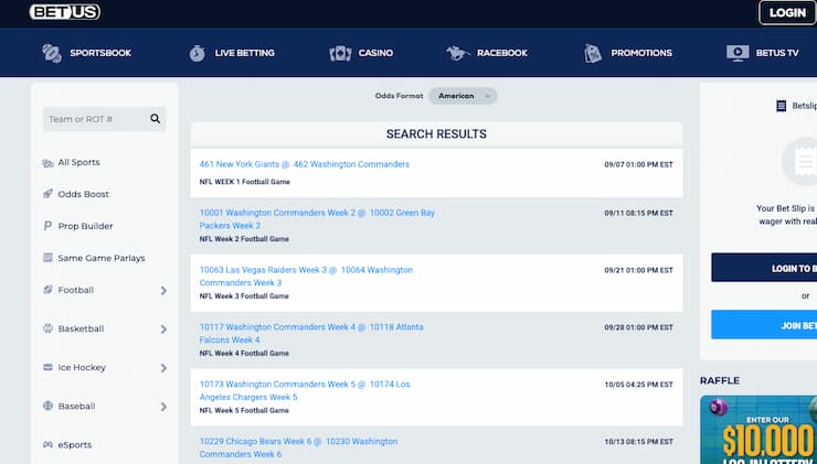 An image of the betting screen from BetUS, a popular online sportsbook in West Virginia.